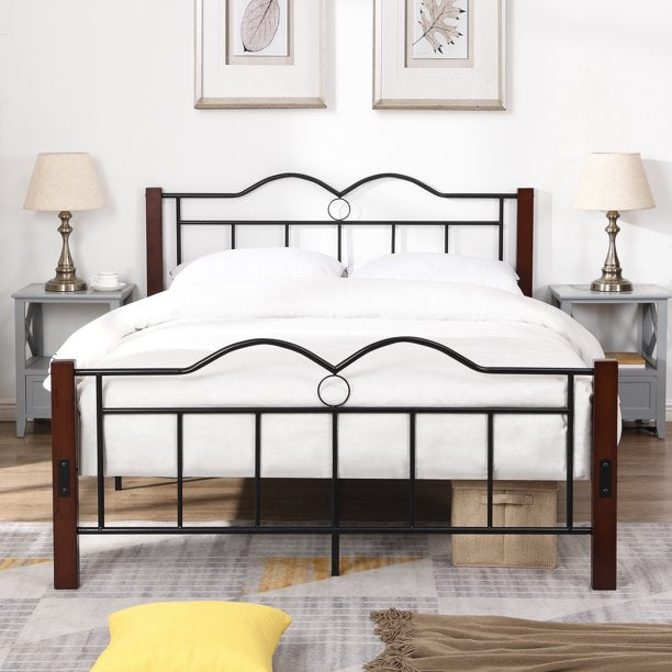 Full Size Platform Bed with Wood Feet, Metal Platform Bed Frame with Slat Support