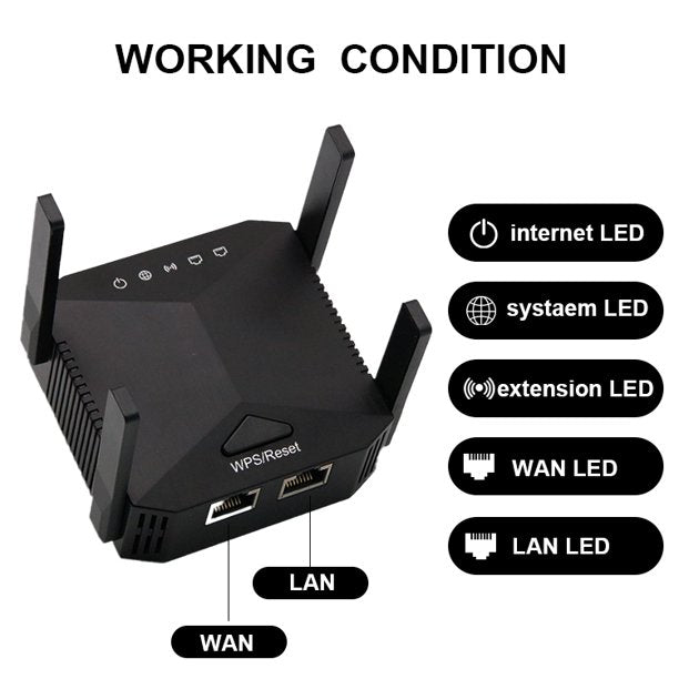 iFanze WiFi Range Extener, 1200Mbps Signal Booster for home Cover up to 3300 sq.ft, 4 Antennas Dual Band repeater, Supports Ethernet Port, Black