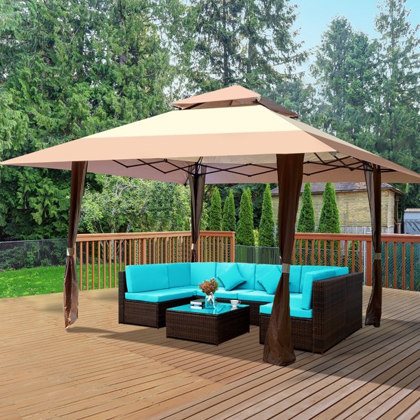 Outdoor 13x13 Ft Canopy, Patio Pop-up Gazebo Canopy Tent With Corner Curtain, Suitable For Backyard, Party, Camping, Coffee