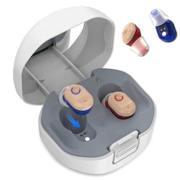 Hearing Aids for Seniors & Adults, Rechargeable Hearing Amplifier with Charging Box, Noise Cancelling, Blue & Red, 1 Pair