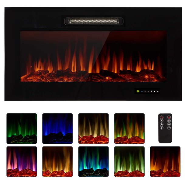 Vinmall 36'' Wall Mounted Recessed Electric Fireplace Inserts Ultra Thin Adjustable Flame Colors with Touch Screen and Remote Control, 750/1500W, Black