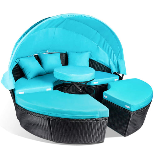 Patio Furniture Outdoor Daybed with Retractable Canopy and Soft Cushions, PE Wicker Rattan Round Sectional Sofa Set for Lawn Garden Backyard Poolside, Turquoise