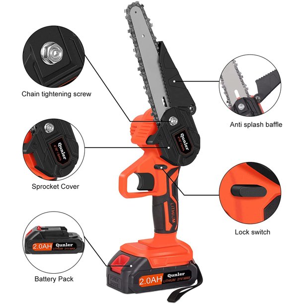 Qunler Mini Chainsaw 6 inches Cordless, Handheld Electric Chain Saw with 2 Battery for Wood Cutting Tree Trimming, Orange