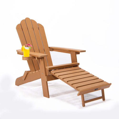 TALE Folding Adirondack Chair with Pullout Ottoman with Cup Holder, Oversized, Poly Lumber, for Patio Deck Garden, Backyard Furniture, Easy to Install,BROWN