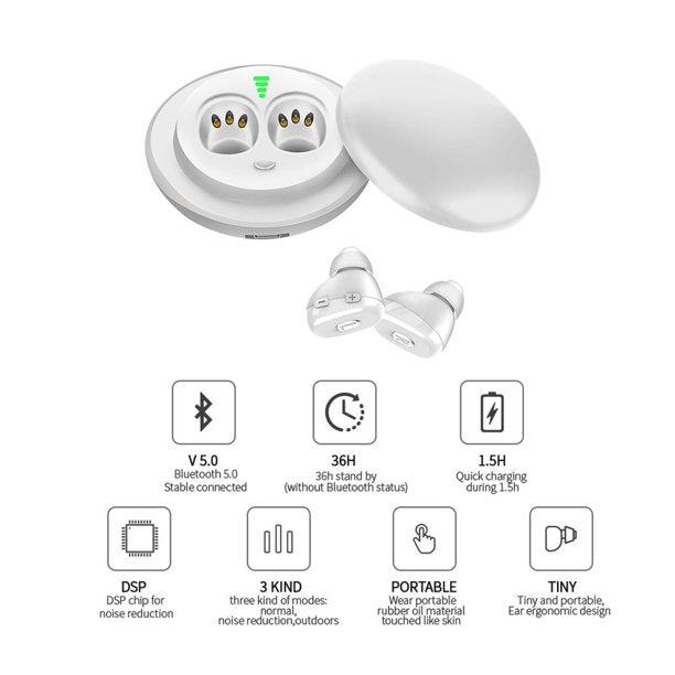 Bluetooth Hearing Aids for Ears, Rechargeable Hearing Amplifier Aids for Senior, Inner-Ear Hearing Aid for Cellphone, TV and Music, Noise Reduction with Portable Charging Case, White