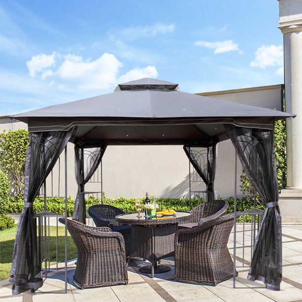 10'x10' Outdoor Patio Gazebo Canopy Tent With Ventilated Double Roof And Mosquito net, Detachable Mesh Screen On All Sides, for Lawn, Garden, Backyard and Deck, Gray