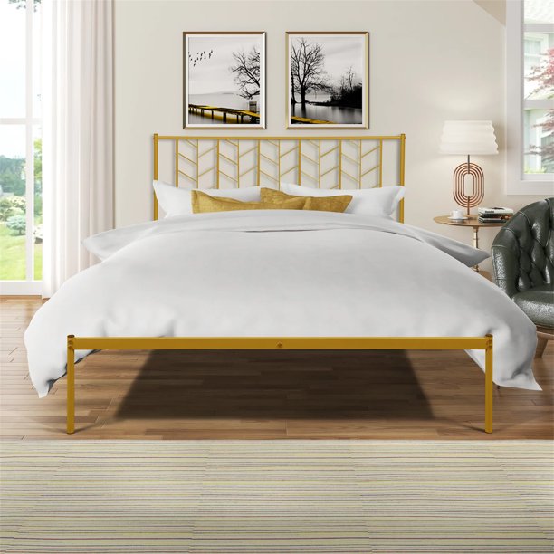 Vinmall Queen Size Metal Platform Bed Frame，Gold