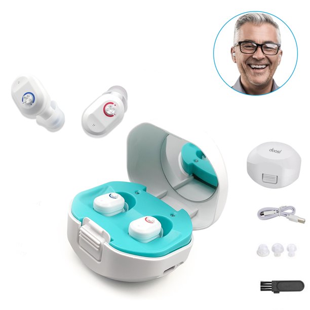 Vinmall Hearing Aids for Ears with Portable Charging Case,Mini Invisible Rechargeable Hearing Amplifiers for Seniors, Noise Cancelling, Volume Adjustable, In-Ear Hearing,1 Pair,White