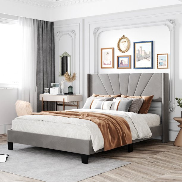 Upholstered Platform Bed, Velvet, Box Spring Needed, with Wood Slats Support, for Bedroom, Gray