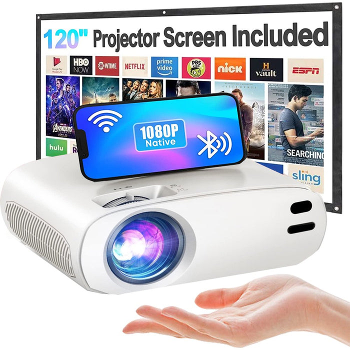 Projector with 120 Inch Projector Screen, 1080P Full HD Supported WiFi Video Projector, Support Zoom Sleep Timer, 320" Max Screen, for Home Theater Projector for Phone/TV Stick/PC/ Laptop/ PS4/Xbox