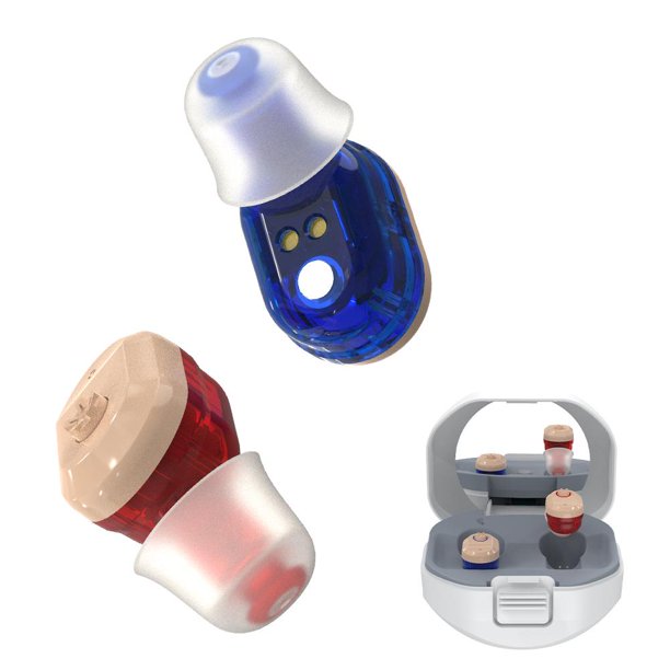 Hearing Aids for Seniors & Adults, Rechargeable Hearing Amplifier with Charging Box, Noise Cancelling, Blue & Red, 1 Pair