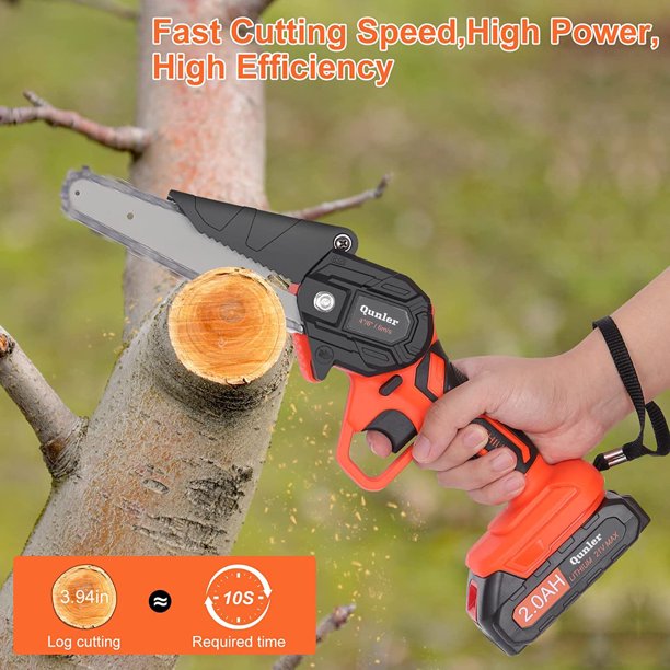 Qunler Mini Chainsaw 6 inches Cordless, Handheld Electric Chain Saw with 2 Battery for Wood Cutting Tree Trimming, Orange