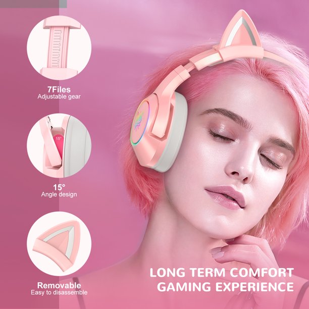 Pink Gaming Headsets with Removable Cat Ears, Compatible with PC PS4 PS5 Xbox One Mobile Phones,Gaming Headphones with Surround Sound, RGB Backlight & Noise Canceling Retractable Microphone