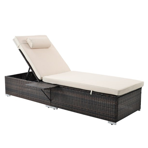 2 Pieces Vinmall Outdoor Chaise Lounge Chair, Patio Reclining Sun Lounger, Brown Wicker Rattan Adjustable Lounge Chair, Steel Frame with Removable White Cushions